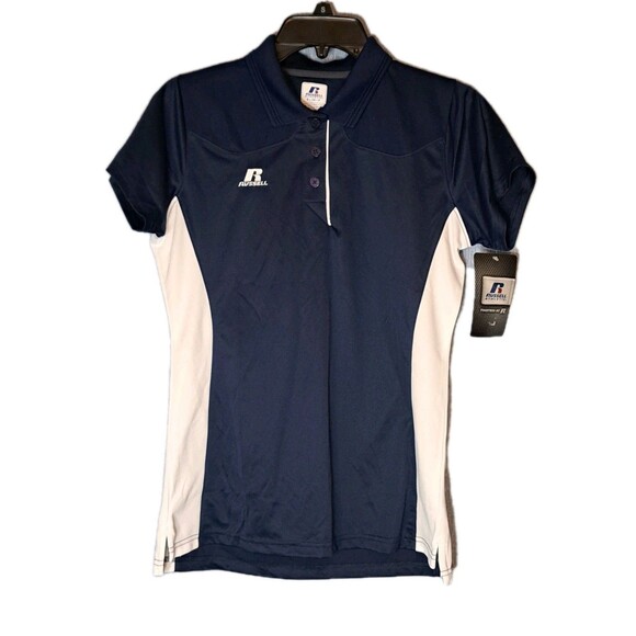 NEW Russell Athletic Women's Small Dri Fit Polo Shirt Navy Blue White Coach NWT - Picture 1 of 5